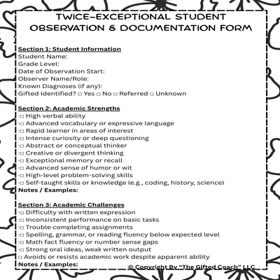 2E Observation & Documentation Form – A Teacher’s Tool for Supporting Twice-Exceptional Learners