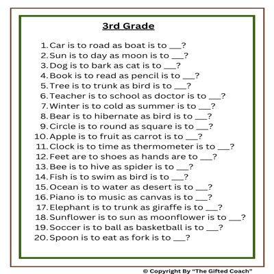Grade Level Critical Thinking Analogy Problems