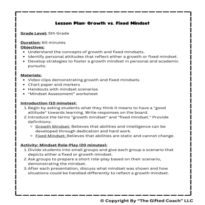 Growth Mindset Lesson with Activities