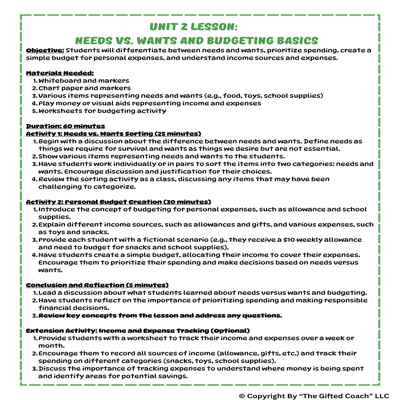 Elementary Financial Literacy Guide, Lessons & Activities